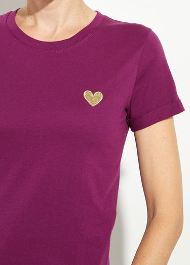 T-shirt col rond broderie coeur poitrine Violet