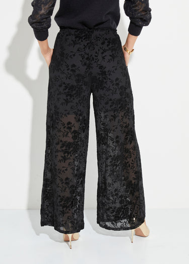 Pantalon dentelle avec fleurs velours Noir