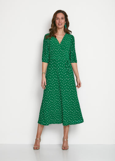 Robe mi longue cache-coeur pois Vert/Blanc