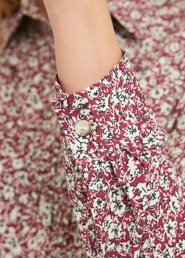 Chemisier droit coton fleuri boutonné Bordeaux