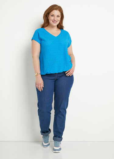 T-shirt ample blousant court uni col V Turquoise