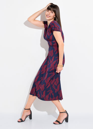 Robe longue manches col V motif graphique Marine/Bordeaux