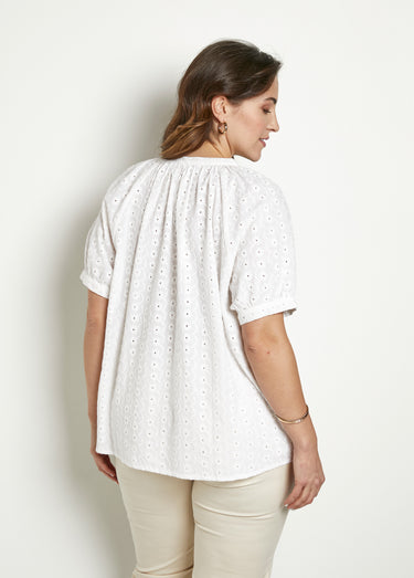 Chemisier ample coton brodé sans col Blanc