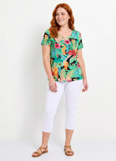 T-shirt long col rond imprimé exotique manches courtes Fond Noir