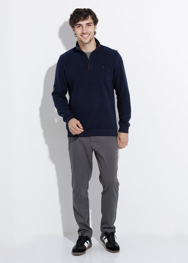 Pull épais jersey de coton, col zippé Bleu Marine