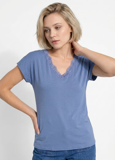 T-shirt court extensible dentelle Bleu Orage
