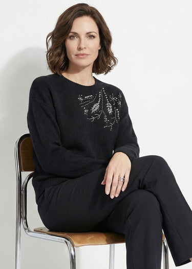 Pull doux col rond avec strass et sequins Noir