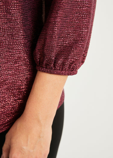T-shirt mi long ample maille brillante col V Framboise
