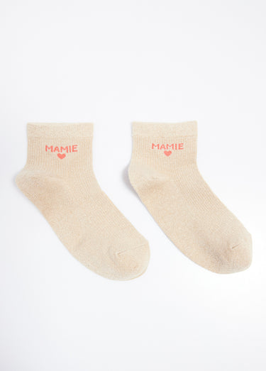 Socquettes fil métallisé, message MAMIE Beige