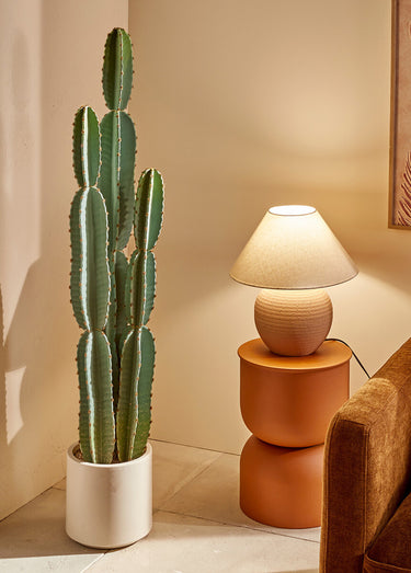 Lampe pied boule céramique abat jour lin Terracota