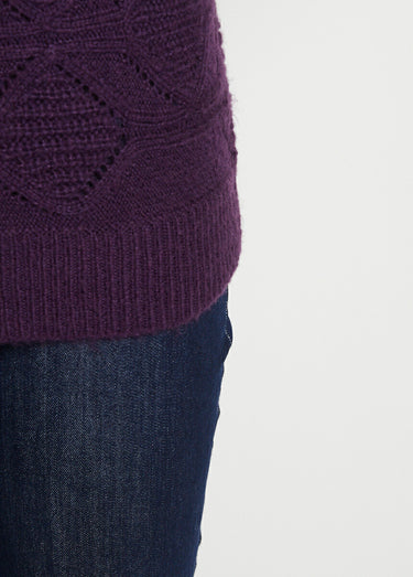 Pull tunique mi long uni col rond maille ajourée Violine