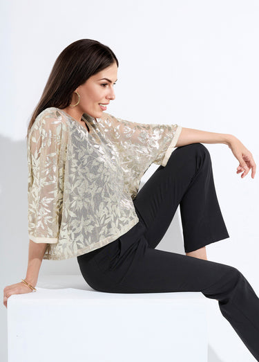 Top effet 2 en 1 maille unie voile jacquard irisé Dore/Noir