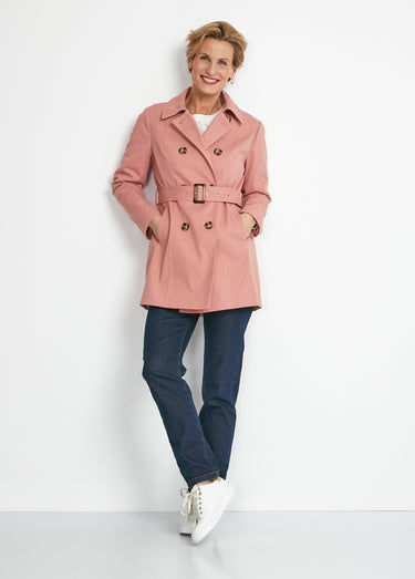Trench court double boutonnage uni col pointu Vieux Rose