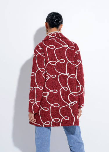 Caban long fantaisie type laine bouillie Bordeaux