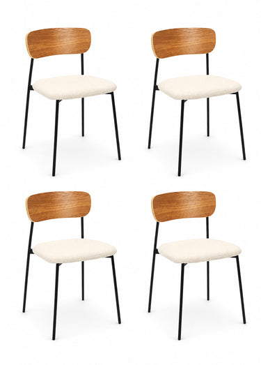 Set 4 Chaises bouclette, dossier bois Blanc/Marron