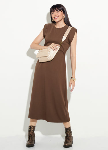 Robe T-shirt longue unie col rond Marron