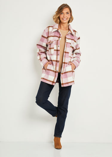 Veste surchemise chaude carreaux Camel/Lilas