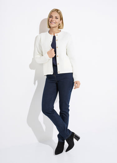 Gilet veste boutonné court maille effet tweed Ecru
