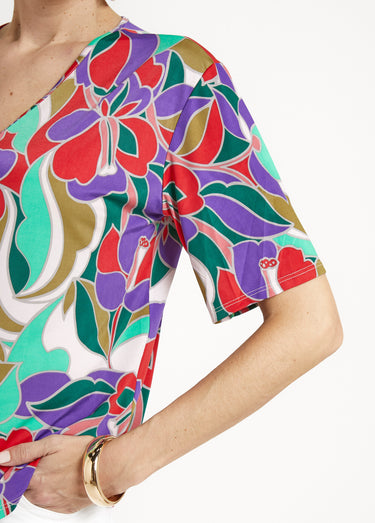 Tunique stretch col V, fleuri graphique Imprimé violet/vert