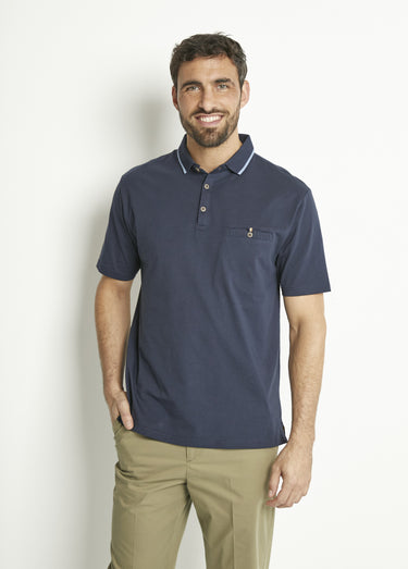 Polo maille jersey uni col bicolore coton Marine