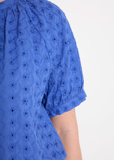 Chemisier ample coton brodé sans col Bleu