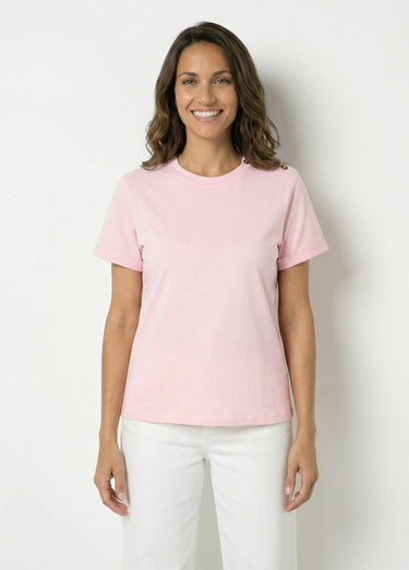 T-shirt col rond avec épaule boutonnée Rose Clair