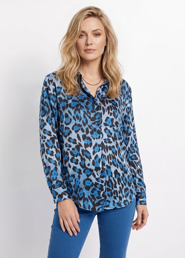 Chemisier boutonné satin manches longues Imprime/Bleu