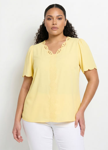 Tunique longue brodée manches courtes unie Jaune