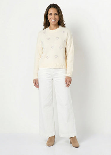 Pull col rond coeurs rayés avec laine Ecru