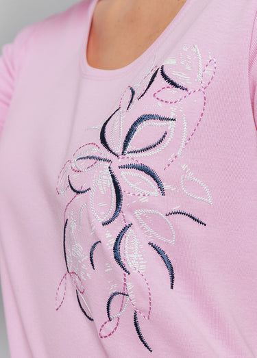 T-shirt long broderie placée fleurs Rose