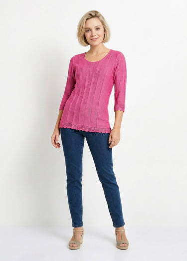 Pull court ajouré col rond Fuchsia