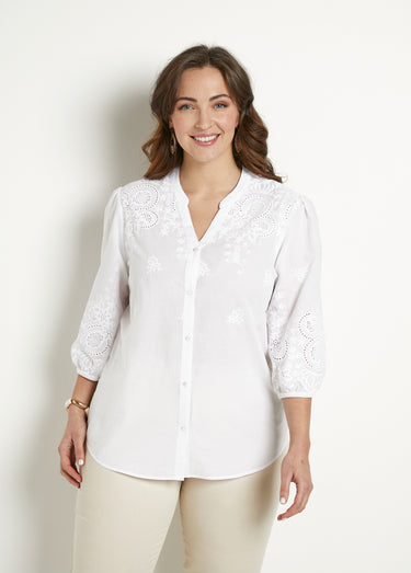 Chemisier long coton brodé manches 3/4 Blanc