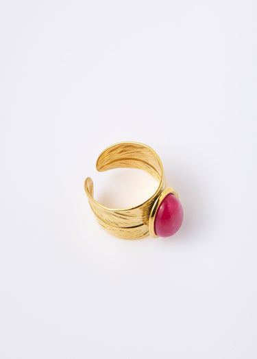Bague feuille acier inox avec pierre Fuchsia