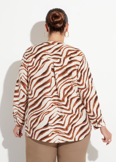 Blouse col V boutonné imprimé animalier Marron/Ecru