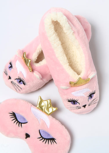 Chaussons + masque sommeil maille peluche Rose
