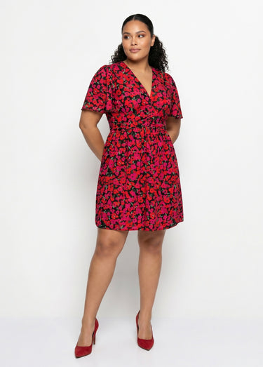 Robe courte imprimé fleuri encolure V Imprime Fuchsia