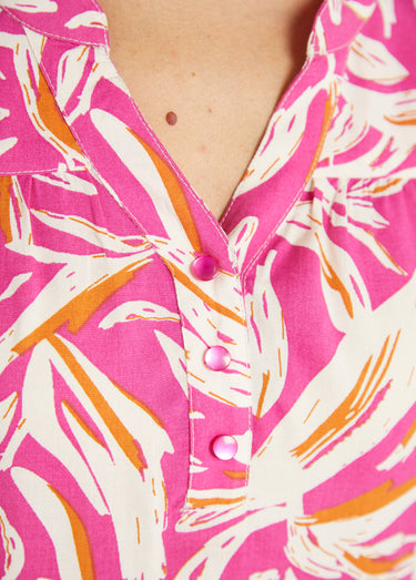Robe col V boutonnée imprimée manches courtes Rose / Blanc