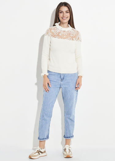Pull chic en dentelle et maille avec laine Ecru