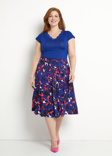 Jupe évasée mi-longue motif léopard Bleu/Fuchsia