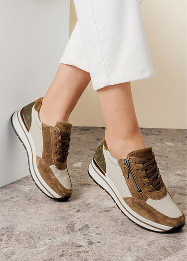 Baskets largeur confort cuir bi-matière Beige