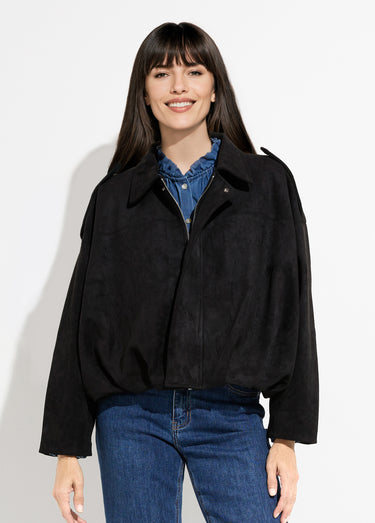 Veste oversize suédine, taille resserrée Noir