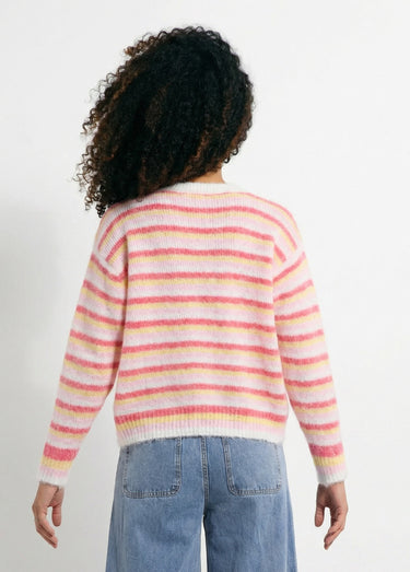 Pull duveteux col rond, rayures pastel Rose/Jaune