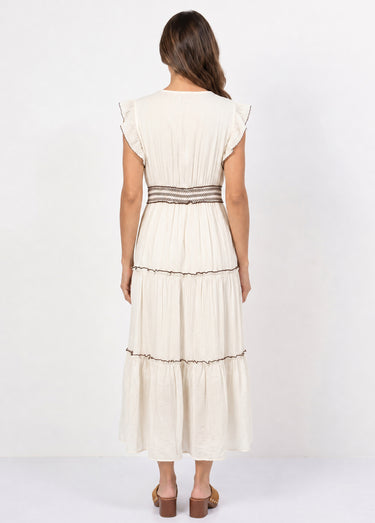 Robe à volants, sequins et pompons Ecru