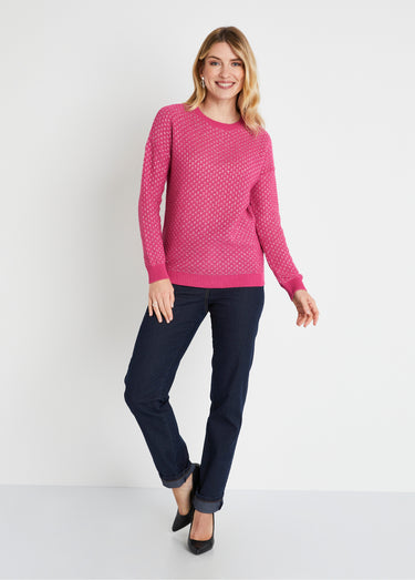 Pull doux brillant mélange coton col rond Fuchsia
