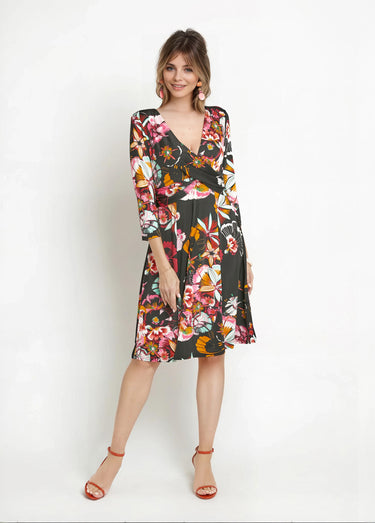 Robe cache-cœur motif fleuri japonisant Noir Imprime