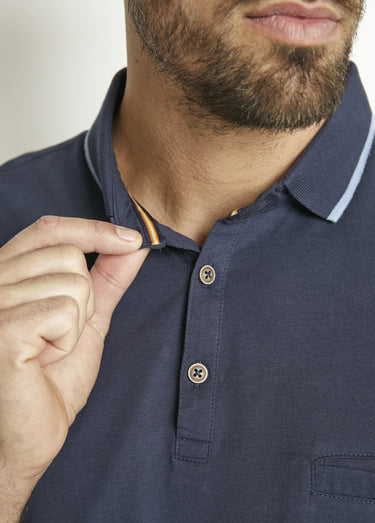 Polo maille jersey uni col bicolore coton Marine