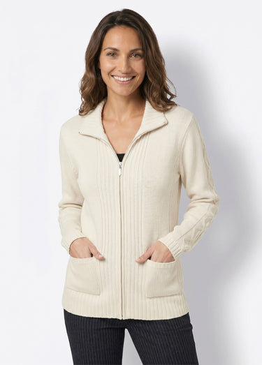 Gilet zippé uni mi-long maille épaisse Ecru