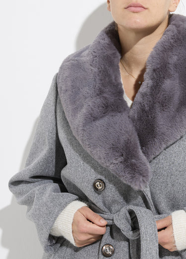 Manteau toucher laineux col fourrure Gris Clair