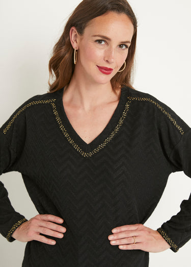 T-shirt long uni col V maille chaude Noir