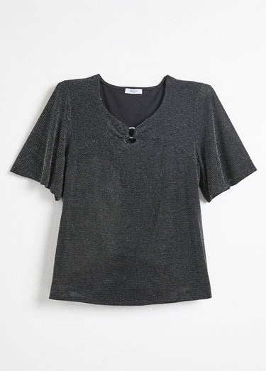 T-shirt brillant manches courtes col rond bijou Noir/Argent